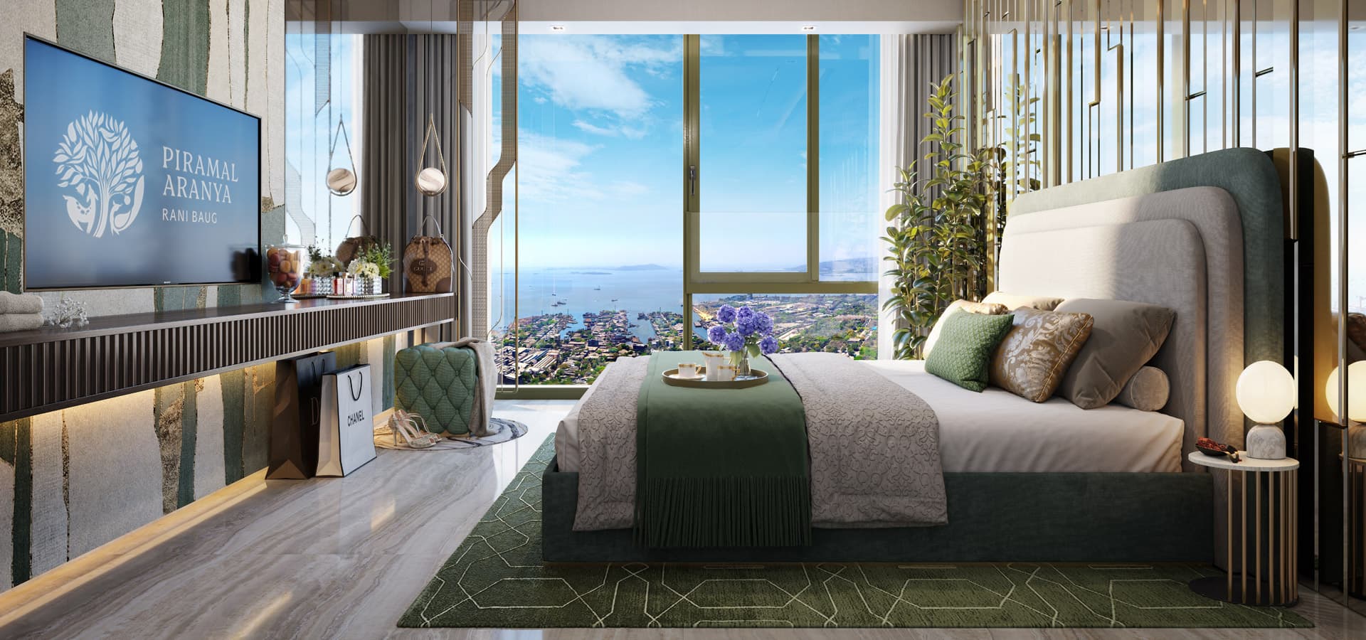 Piramal Aranya's interior showcases a luxurious bedroom with a stunning view facing the harbor, embodying luxury apartments in Byculla.