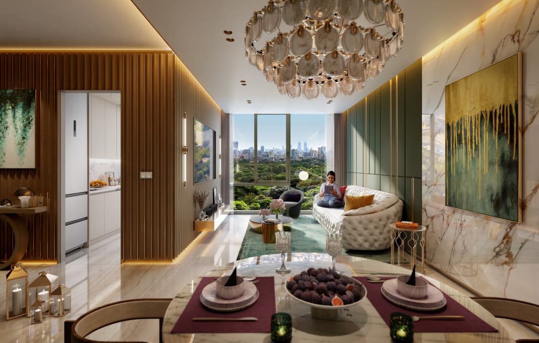 Piramal Realty's interior offers a living room with a picturesque view facing Rani Baug, exemplifying luxury apartments in Byculla.