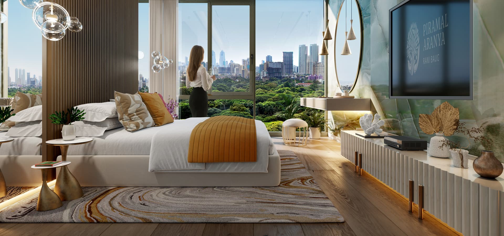 Piramal Realty's interior showcases a bedroom with a captivating view overlooking Rani Baug, defining luxury apartments in Byculla.