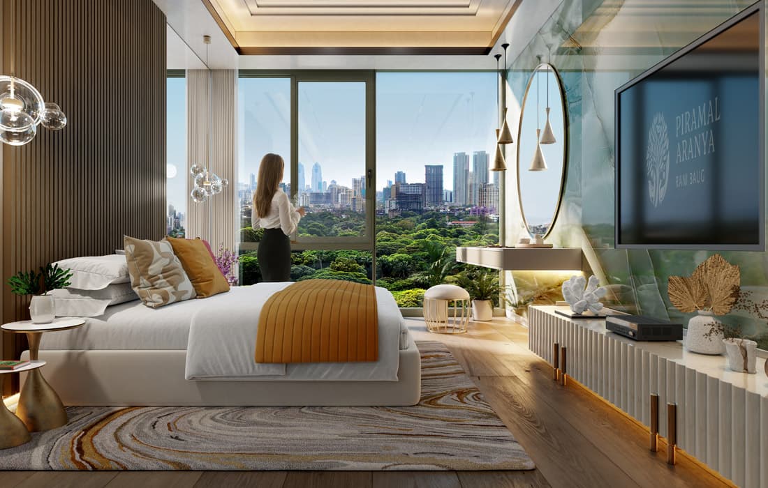Piramal Realty's interior showcases a bedroom with a captivating view overlooking Rani Baug, defining luxury apartments in Byculla.