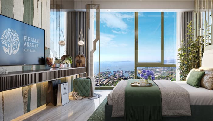 Piramal Aranya's Ahan Tower: Experience timeless elegance in the master bedroom view of our 2 and 3 BHK flats.