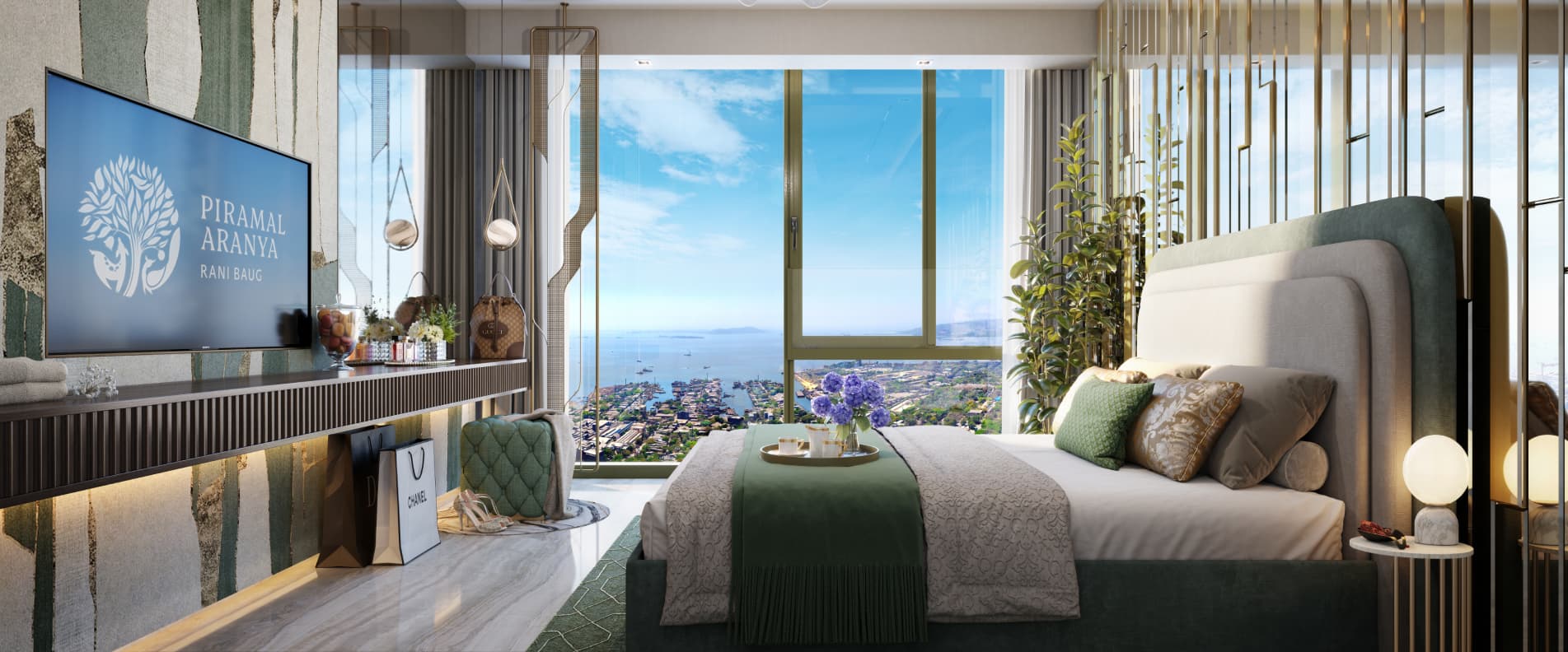 Piramal Aranya's Ahan Tower: Experience timeless elegance in the master bedroom view of our 2 and 3 BHK flats.