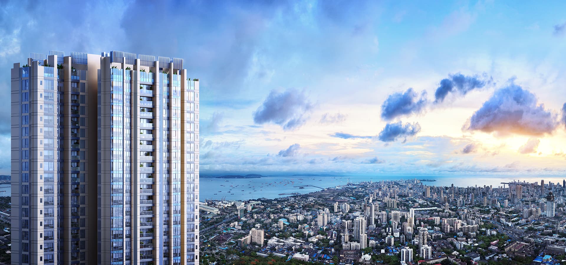 Real estate builders - Piramal Aranya's exterior showcases a stunning day elevation view with the Arabian Sea.