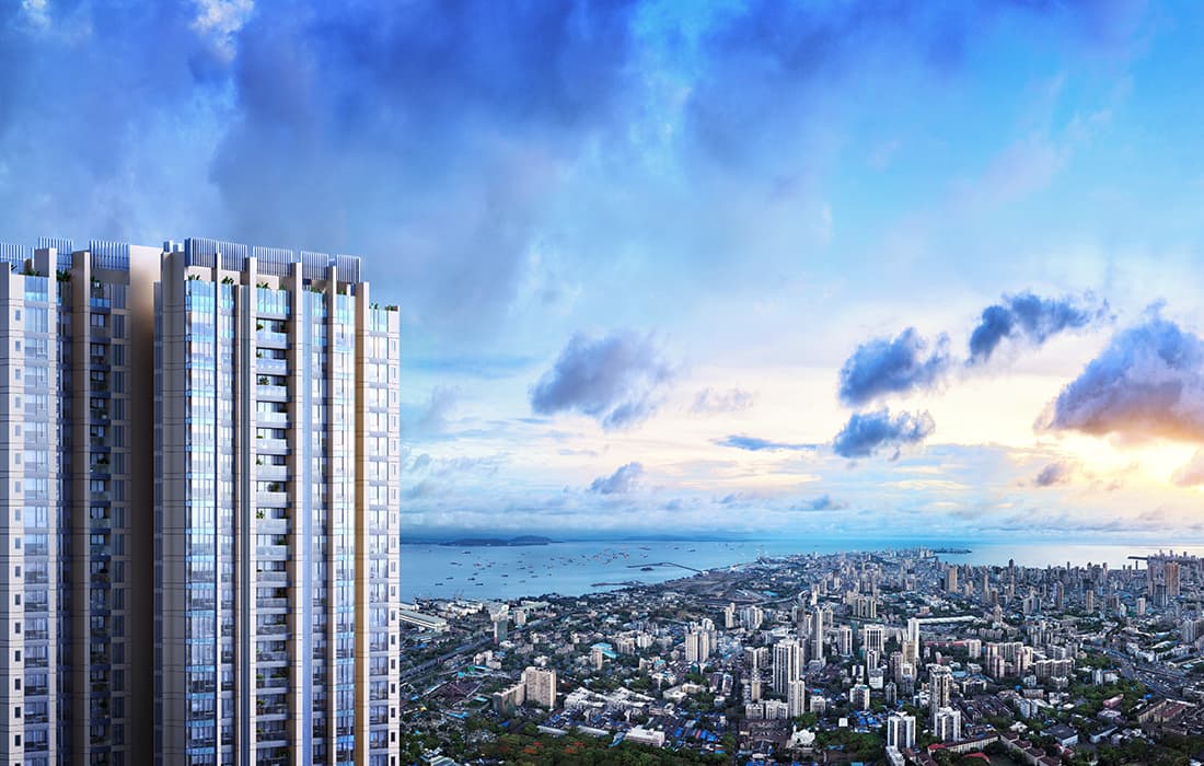 Real estate builders - Piramal Aranya's exterior showcases a stunning day elevation view with the Arabian Sea.