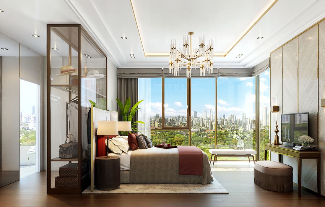 Piramal Realty's interior presents a master bedroom, exemplifying the elegance of luxurious apartments in Mumbai.