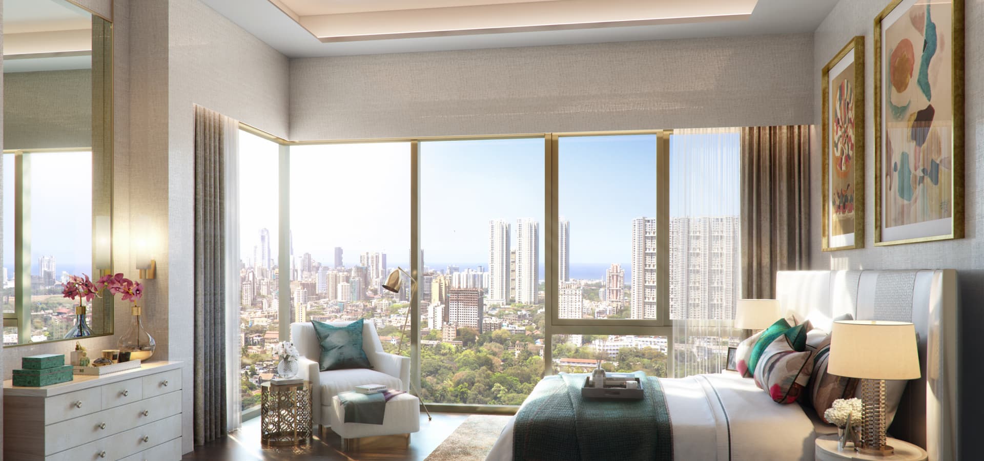 Piramal Aranya's interior showcases a luxurious bedroom with a stunning view facing the harbor, embodying luxury apartments in Byculla.