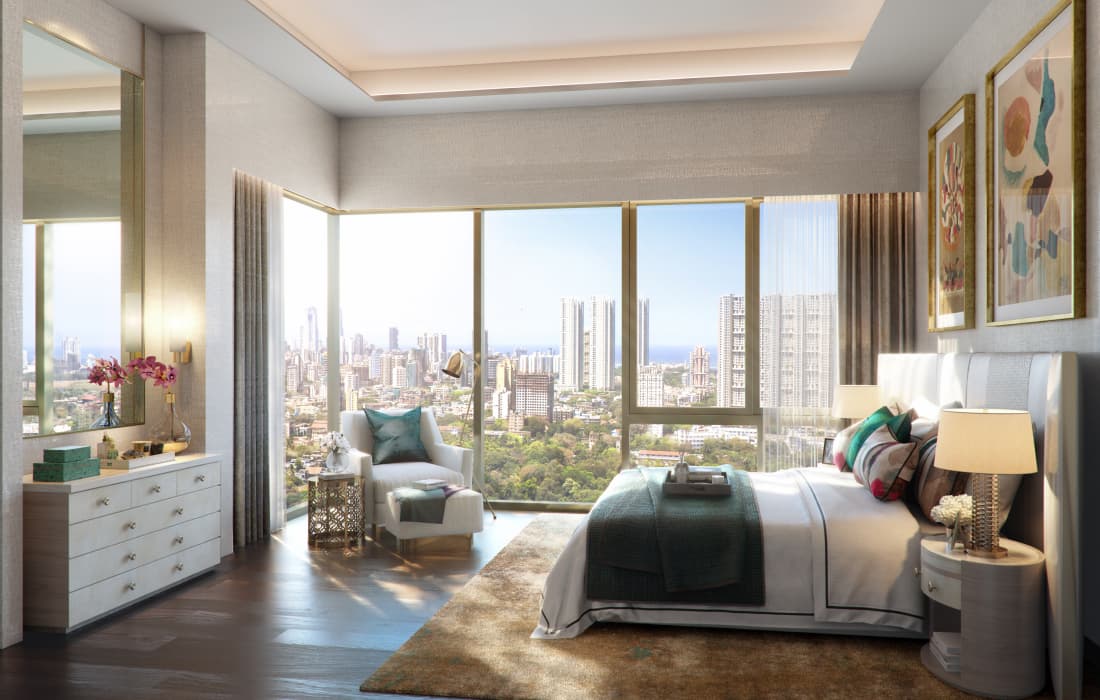 Piramal Aranya's interior showcases a luxurious bedroom with a stunning view facing the harbor, embodying luxury apartments in Byculla.