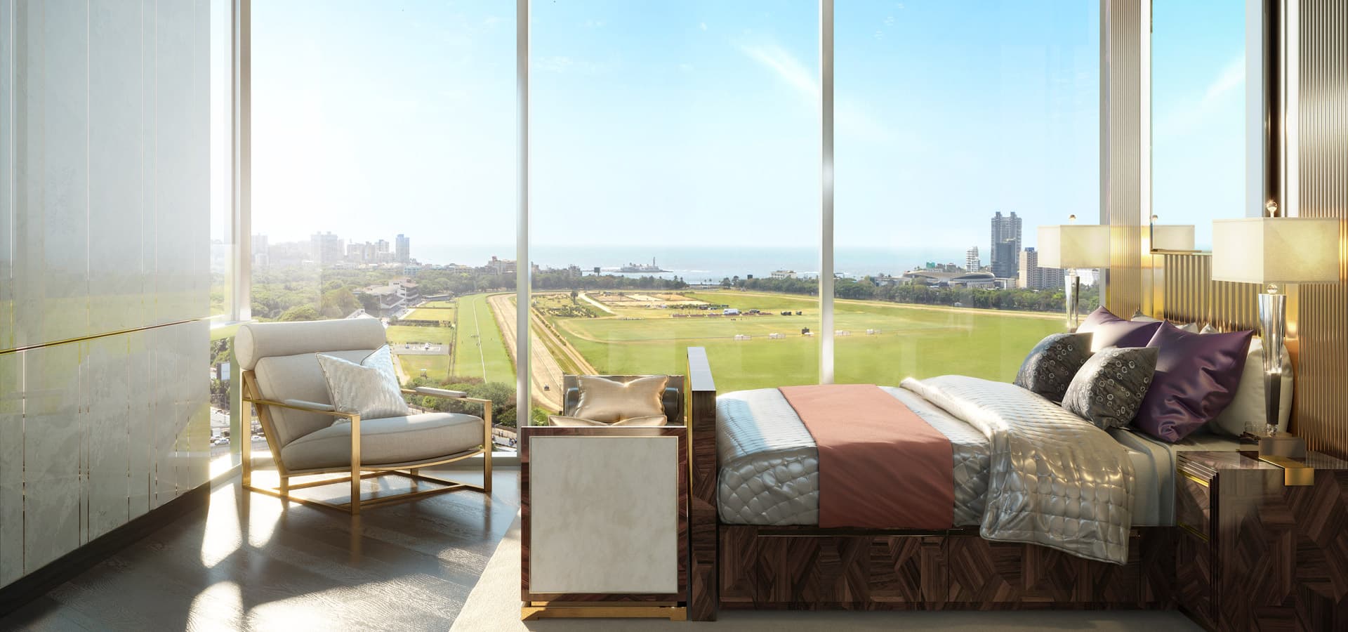 Elegant Master Bedroom with panoramic views at Piramal Mahalaxmi