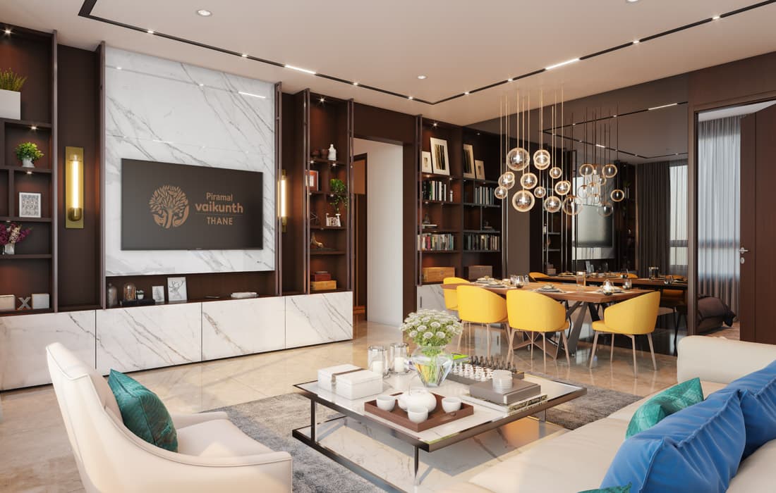 Interior view of the living room in a Piramal Vaikunth luxury apartment