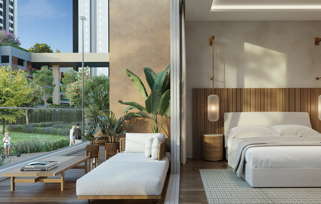 Interior view of the master bedroom in a Piramal Vaikunth luxury apartment