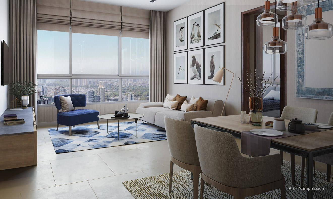 The living room view from Piramal Vaikunth's luxury apartment.